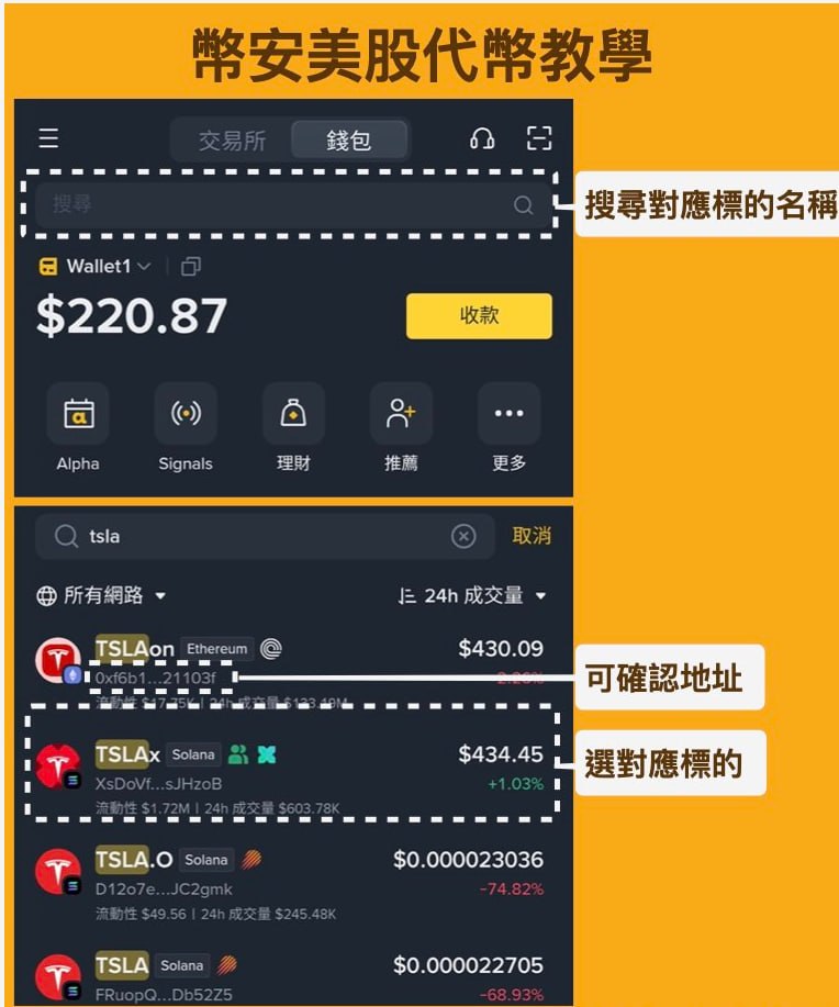 在币安钱包中搜索并核对美股代币标的的教学示意
